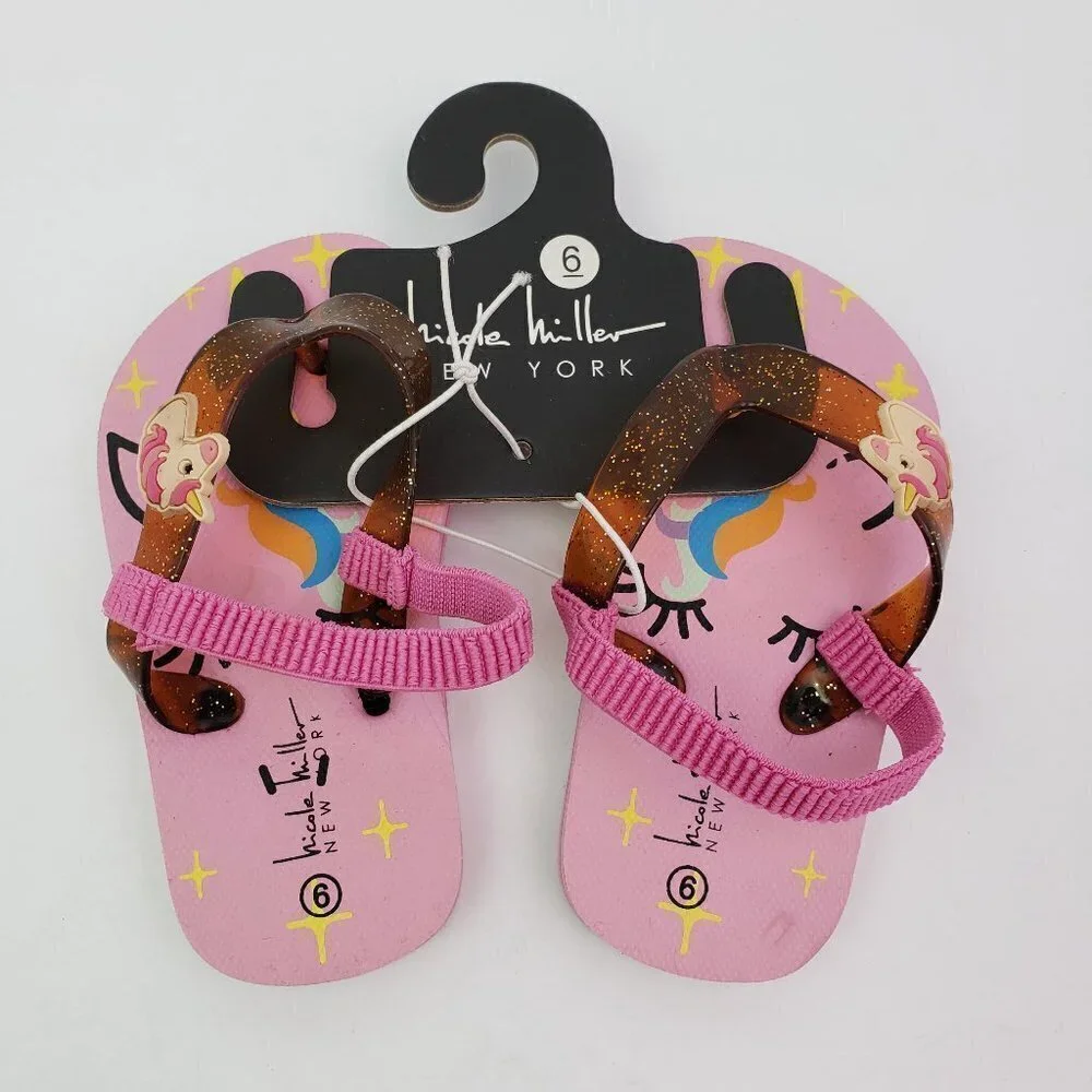Nicole Miller New York Baby Girls Sz 6 Pink Unicorn Back Strap Flip Flop Sandals