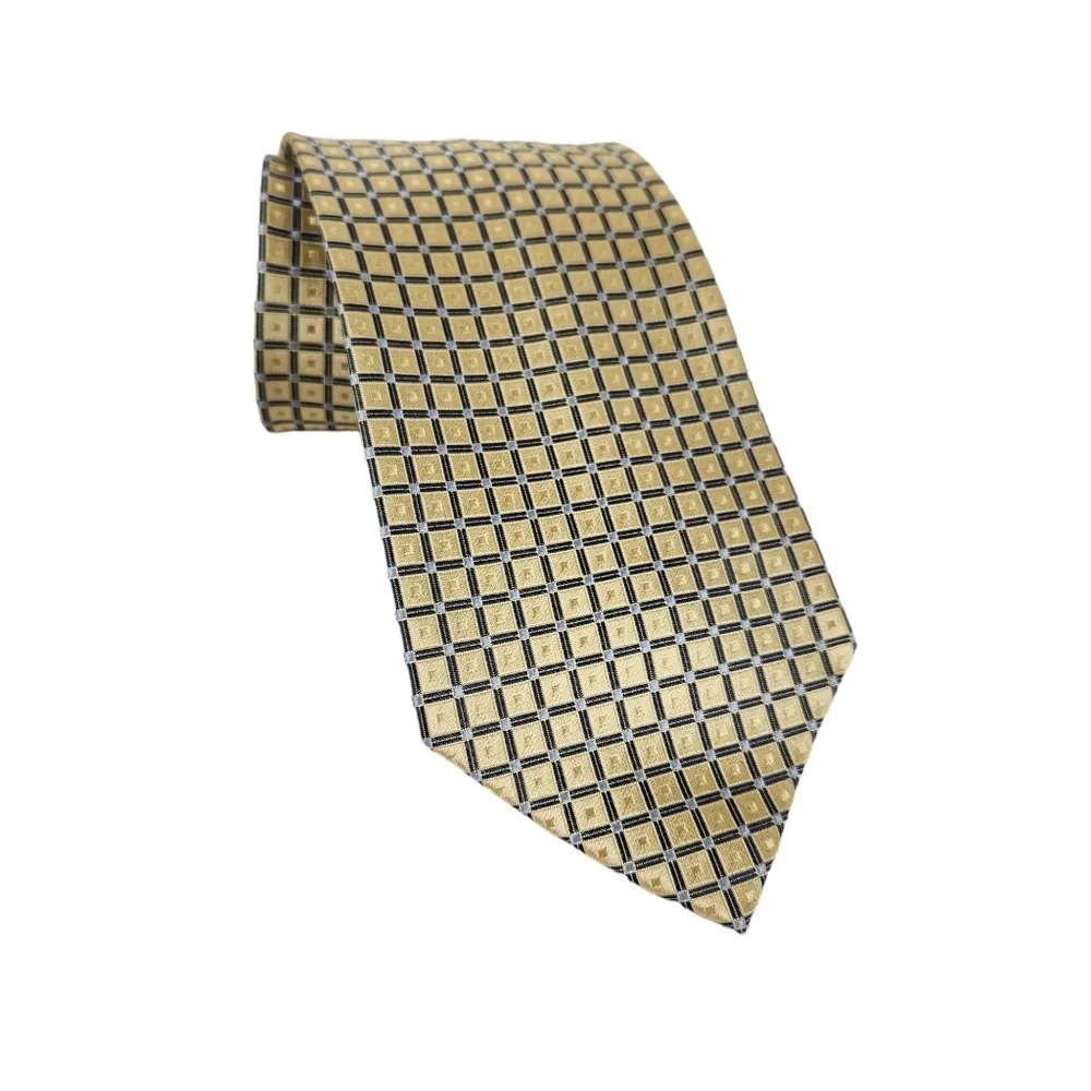 Tommy Hilfiger 100% Silk Pale Yellow Gold Blue Silver Geometric Tie Men's