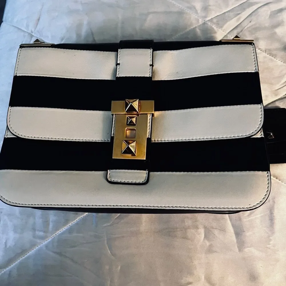 Valentino Garavani Napa Striped B-Rockstud Shoulder Bag with Gold Chain Strap