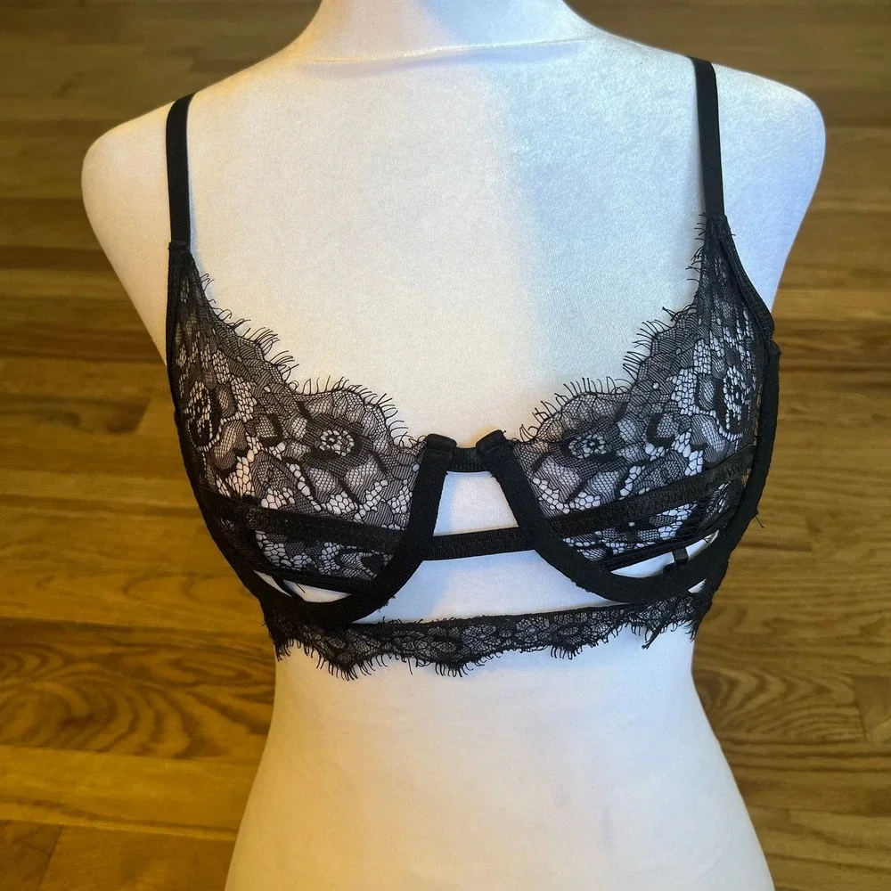 PrettyLittleThing Black Eyelash Lace Bralette Strappy Cut Out Lingerie Top XS