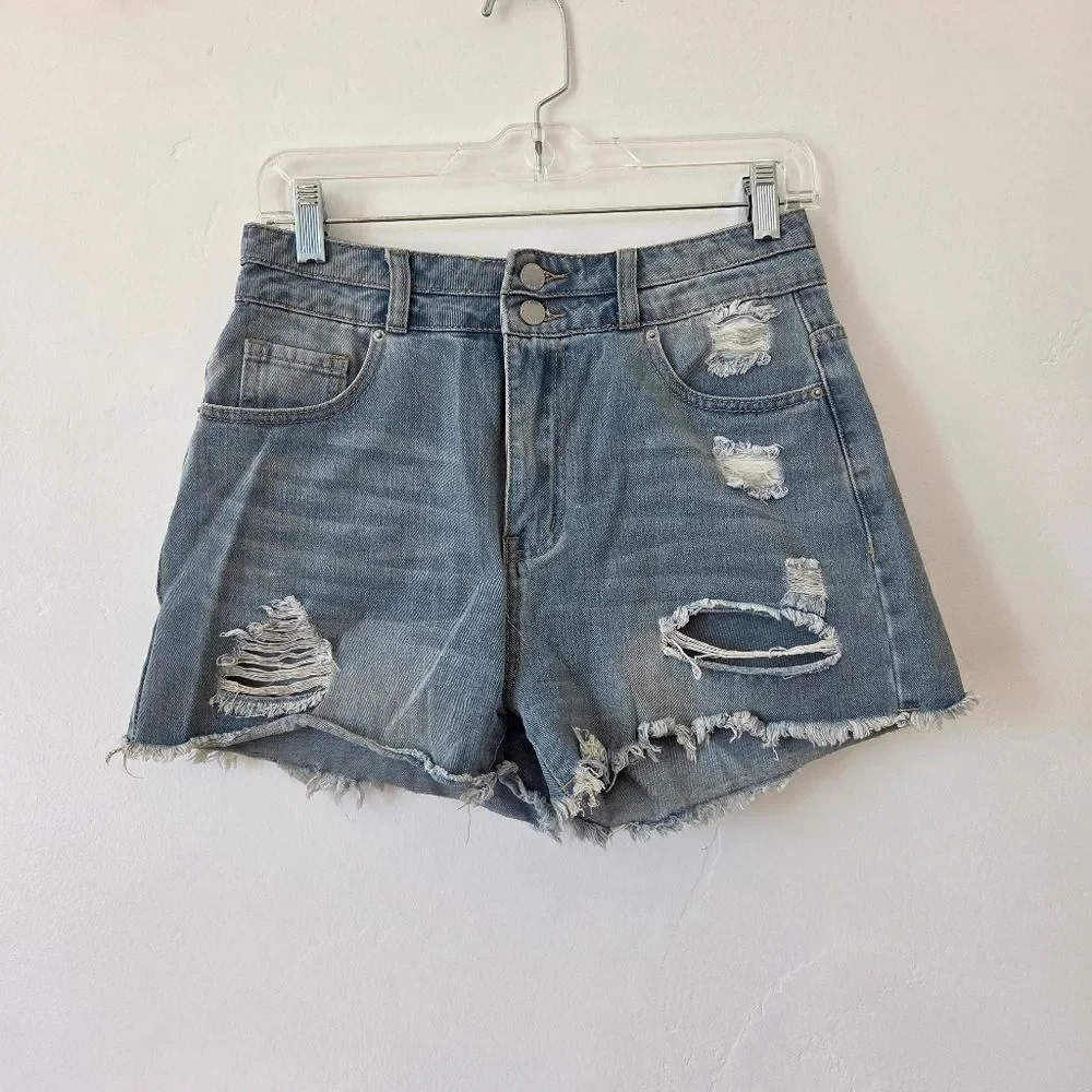 Distressed Denim Booty Short Shorts Daisy Duke Ripped High Waist Medium Wash 28