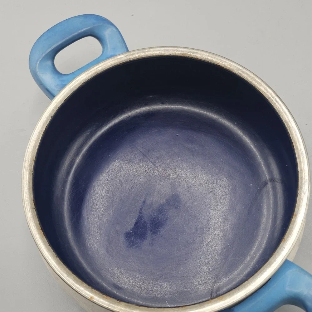 Vintage Silit Enamel Blue 1 QT Saucepot & Lid 60s Double Handle Mid Century