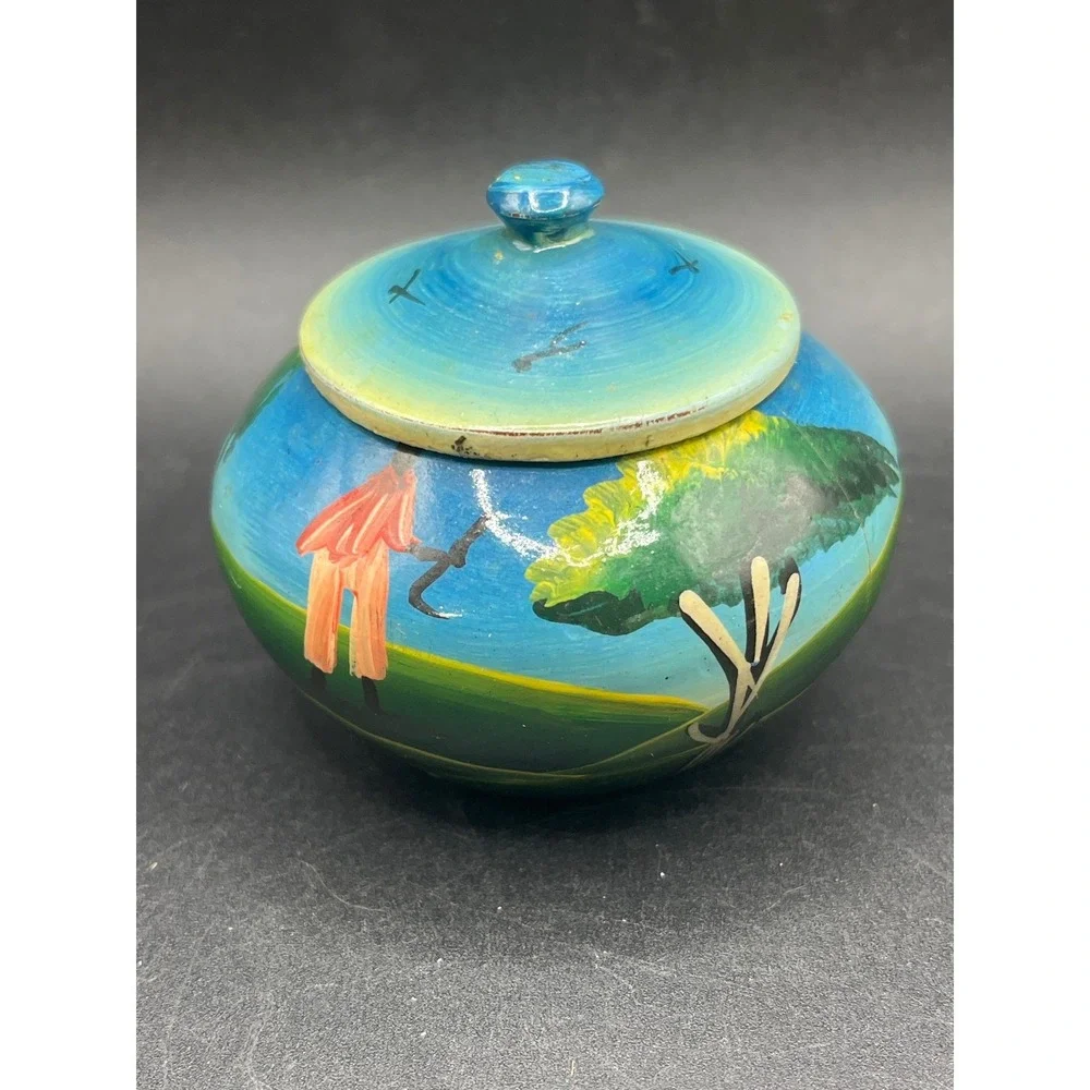 Hand Painted Trinket Box African Village Scene Lidded Jar Decor Small -‎ As Is