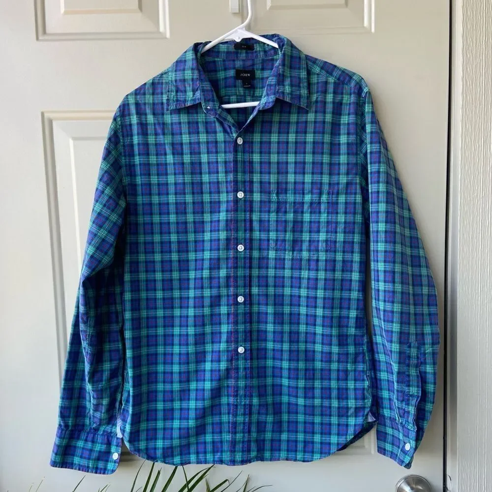 J.Crew Dress Shirt Slim Fit Green Blue Plaid Size‎ Medium Adult Mens
