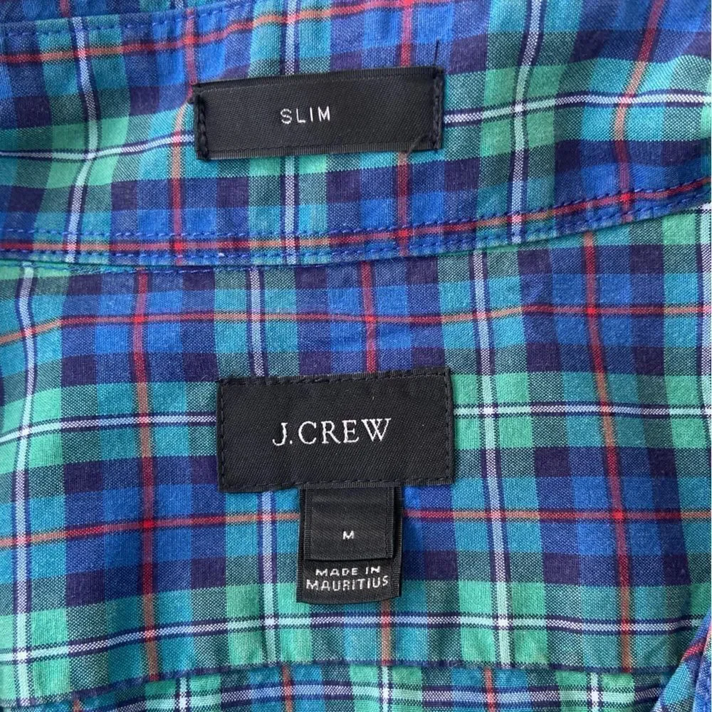 J.Crew Dress Shirt Slim Fit Green Blue Plaid Size‎ Medium Adult Mens