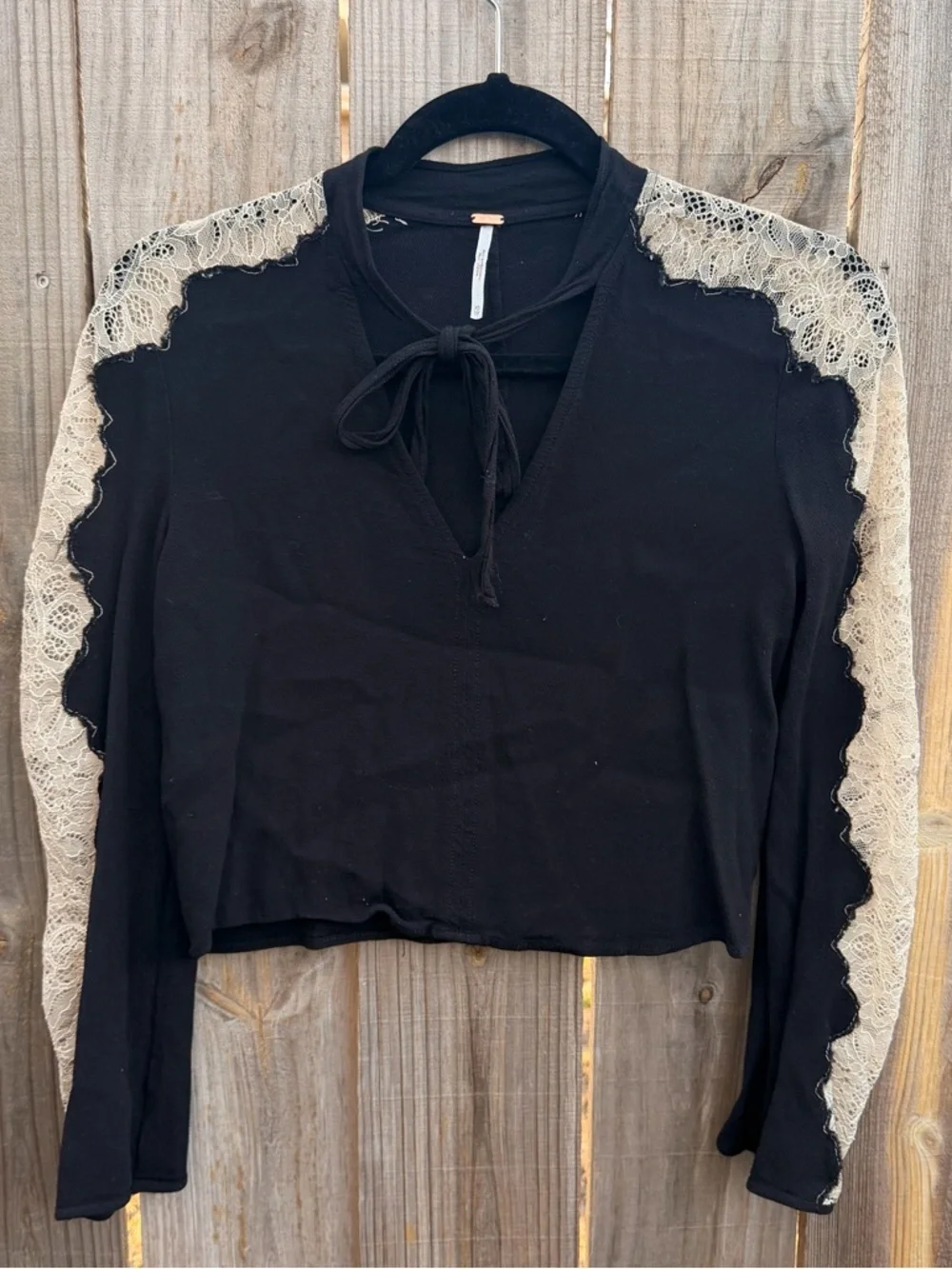 Free People Freya lace arm XS rayon tie neck V-Neck black long sleeve shirt