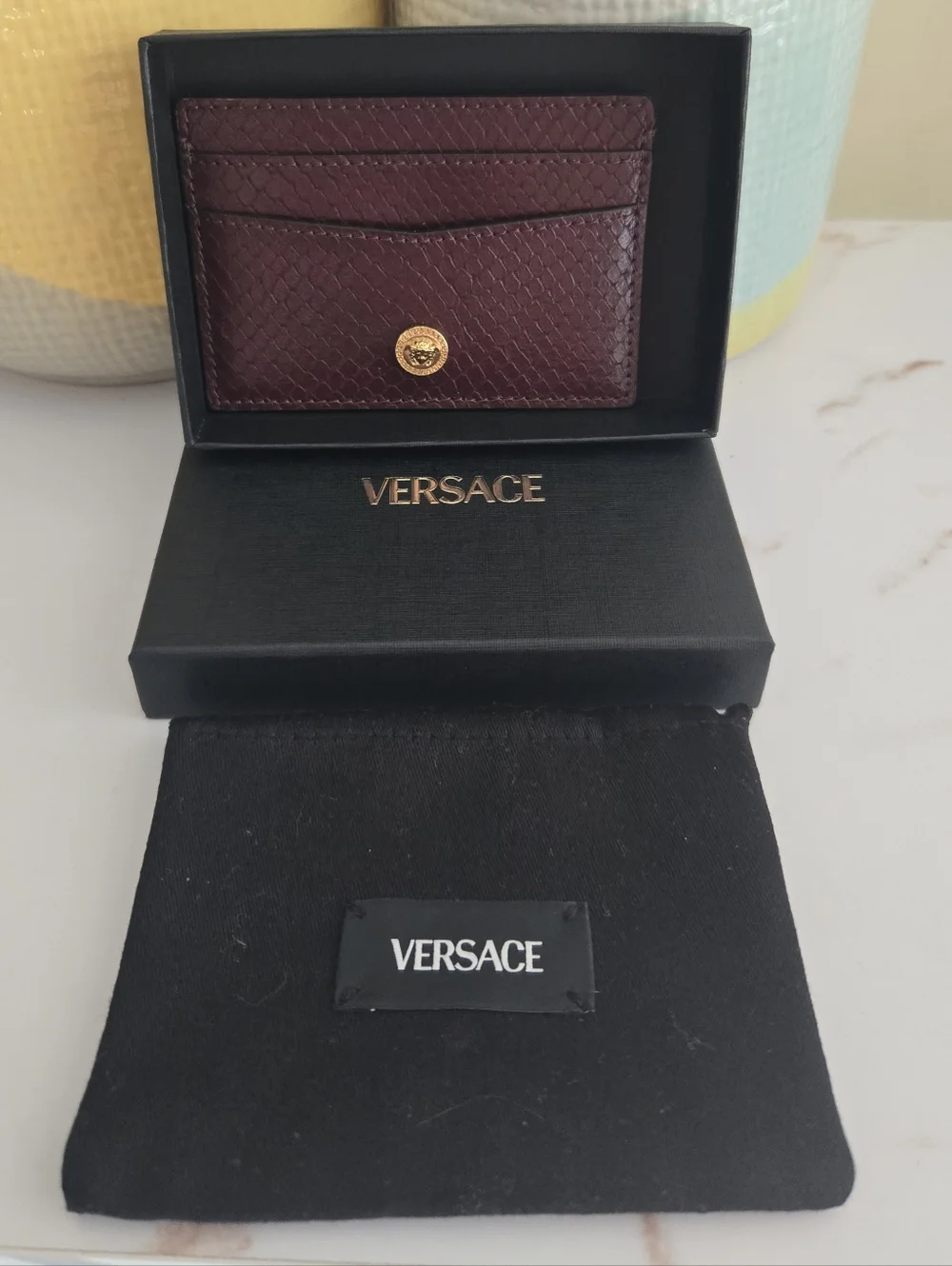 NIB Versace Medusa Biggie Burgundy Snakeskin Leather Card Case Unisex