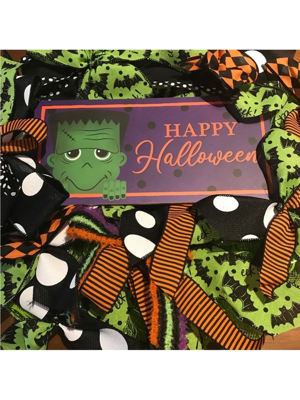 Happy Halloween Frankenstein Wreath Handmade Purple Green Custom Final Sale