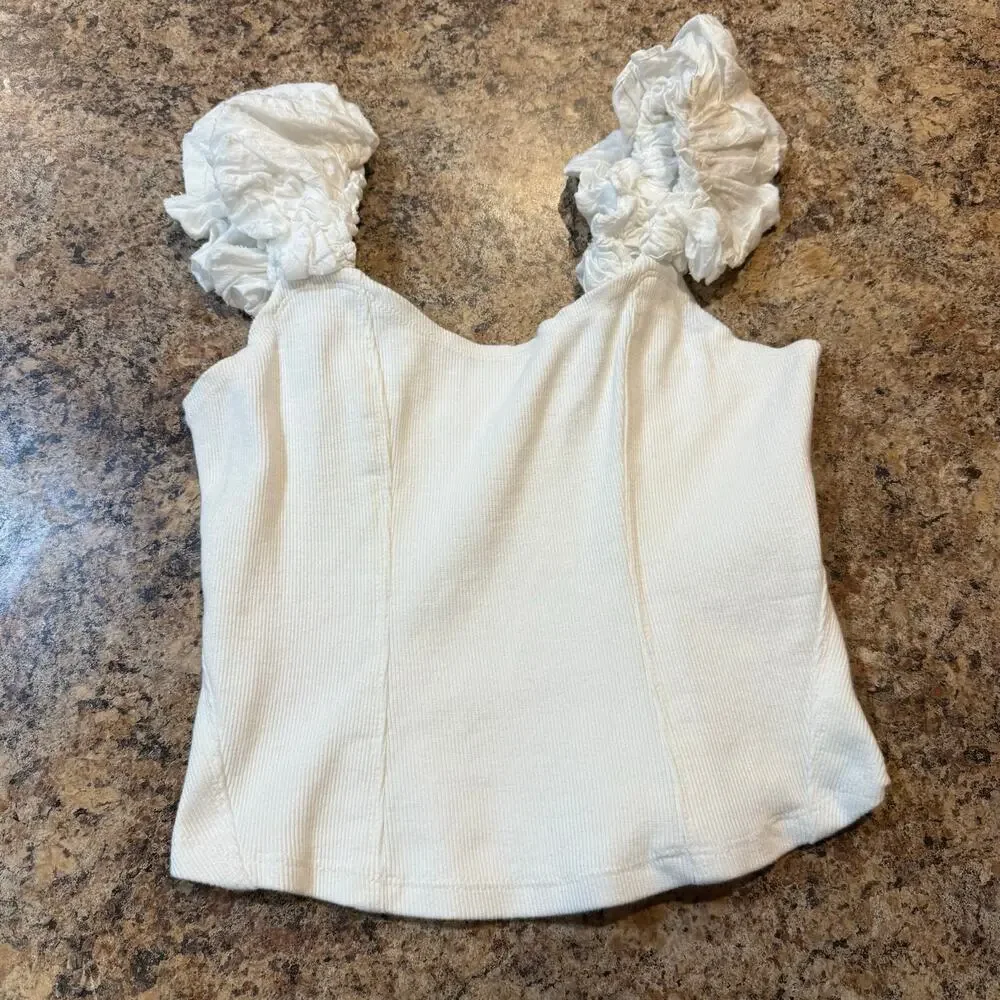 Anthropologie | Summer Preppy Ribbed Corset Puff Sleeve Cotton Tank Top Sz XS
