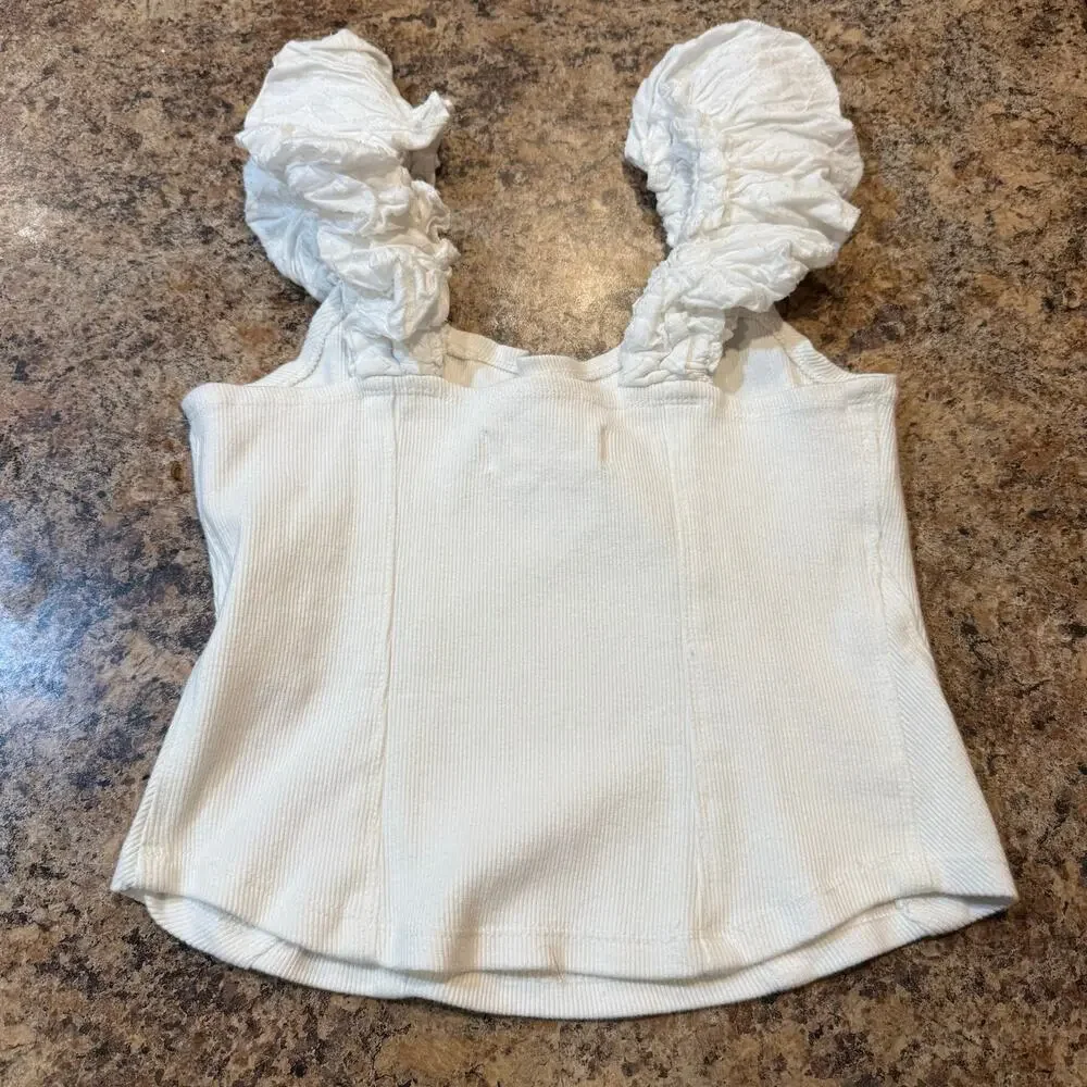 Anthropologie | Summer Preppy Ribbed Corset Puff Sleeve Cotton Tank Top Sz XS