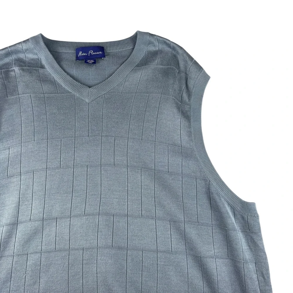 Alan Flusser Mens‎ XXL 100% Silk V-Neck Sweater Vest Slate Blue Grey Grid