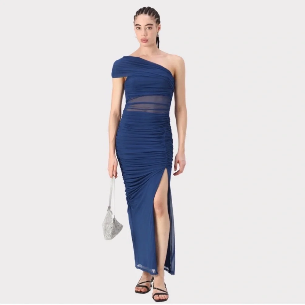 Abercrombie & Fitch Mesh Asymmetrical Off-The-Shoulder Draped Maxi‎ Dress | LT