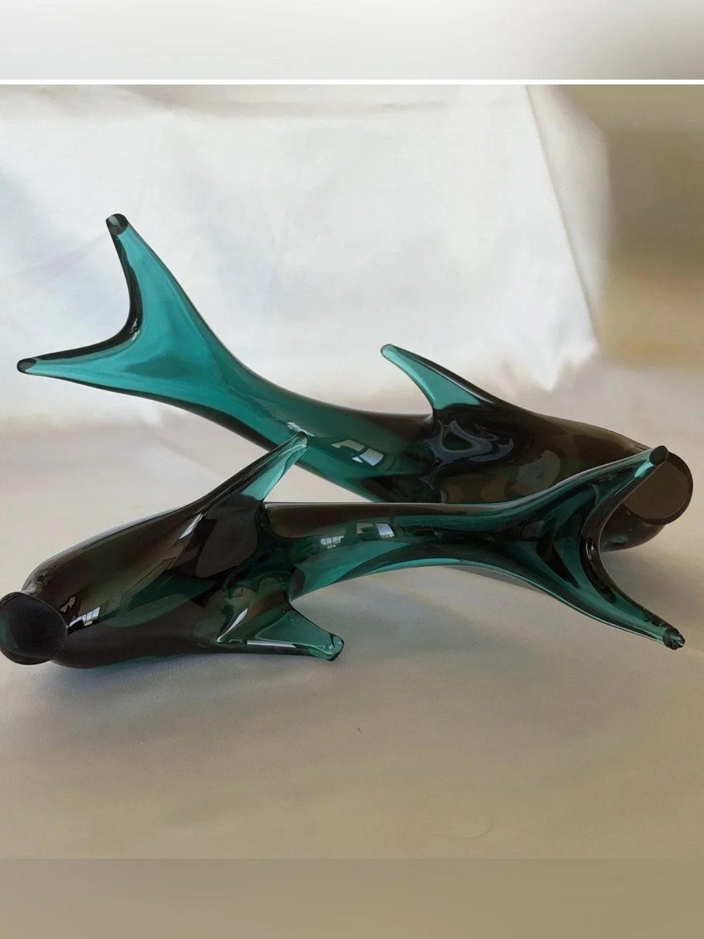 Vintage Green Art Glass Dolphin Figurines 10.5” & 8.5” Handmade Style – Set of 2
