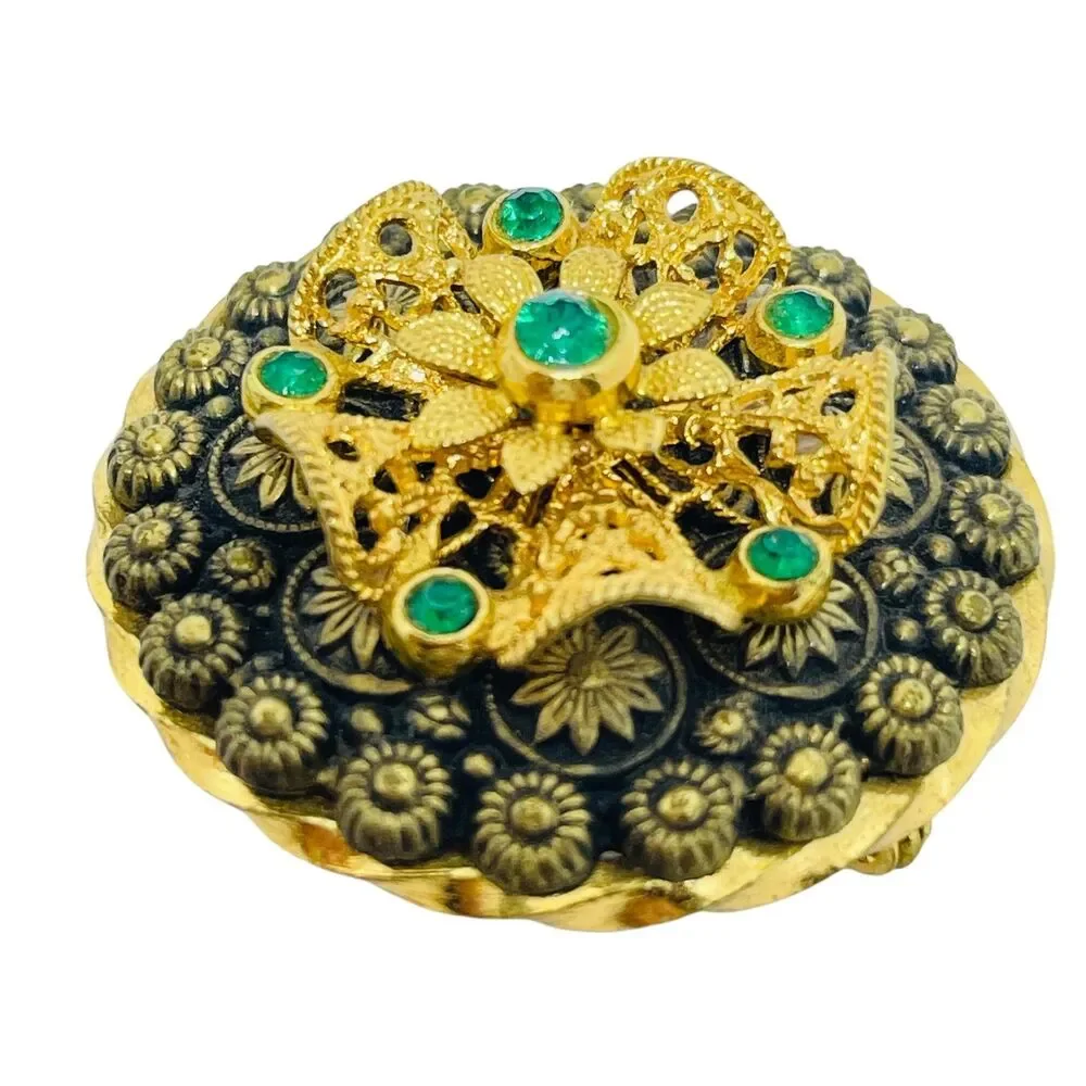 Vintage CZECHO signed gold plated emerald rhinestones brooch