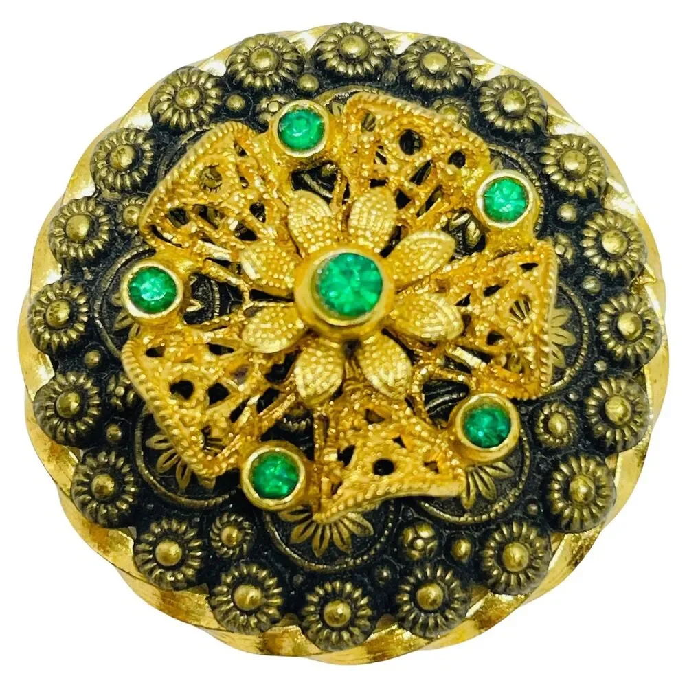 Vintage CZECHO signed gold plated emerald rhinestones brooch