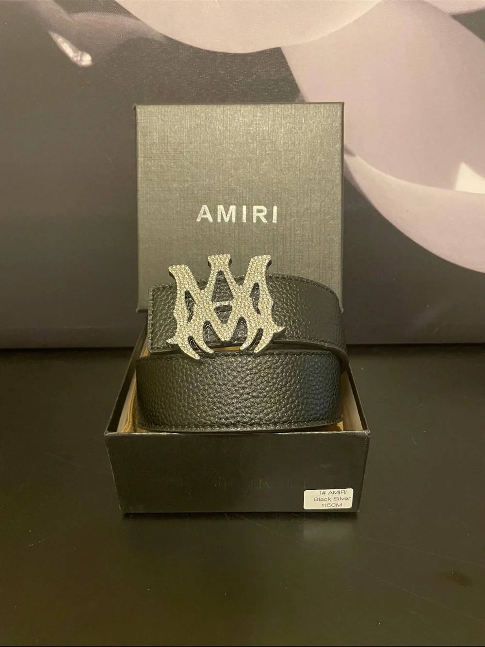 AMIRI Black Leather Belt with Silver Crystal AMIRI Buckle