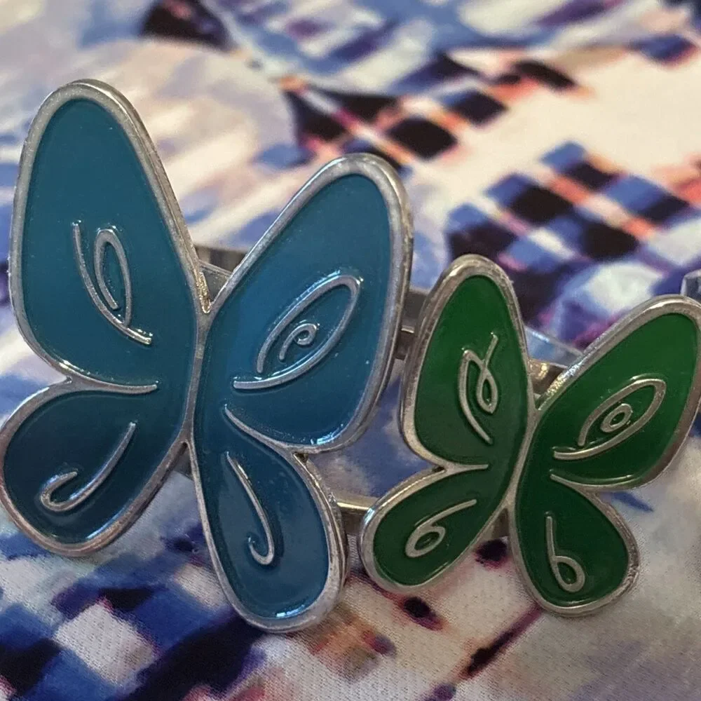 Set Of 4 Enamel Blue/Green Butterfly‎ Napkin Rings Holder Silver Metal