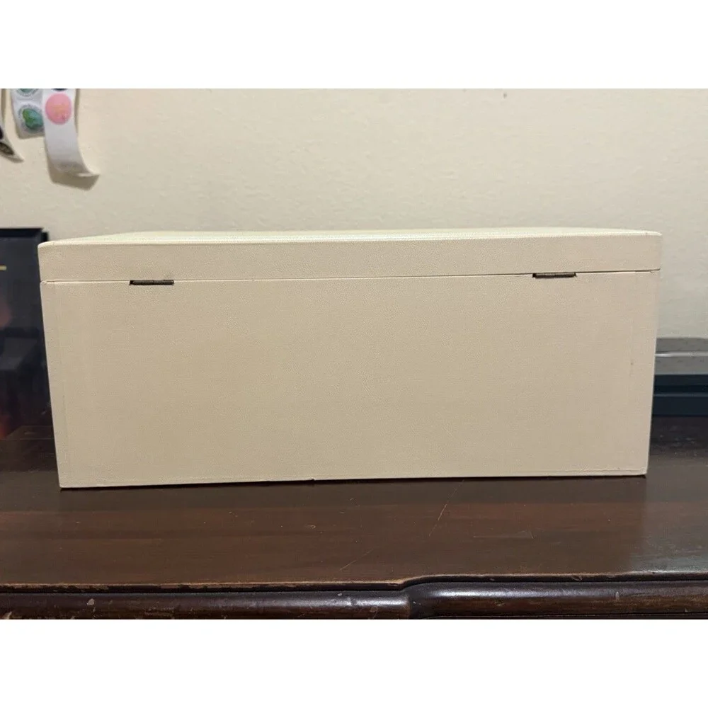 1960s Mele Ivory Leatherette Jewelry Box Velvet Blue Interior MCM 16 X 6 1/2