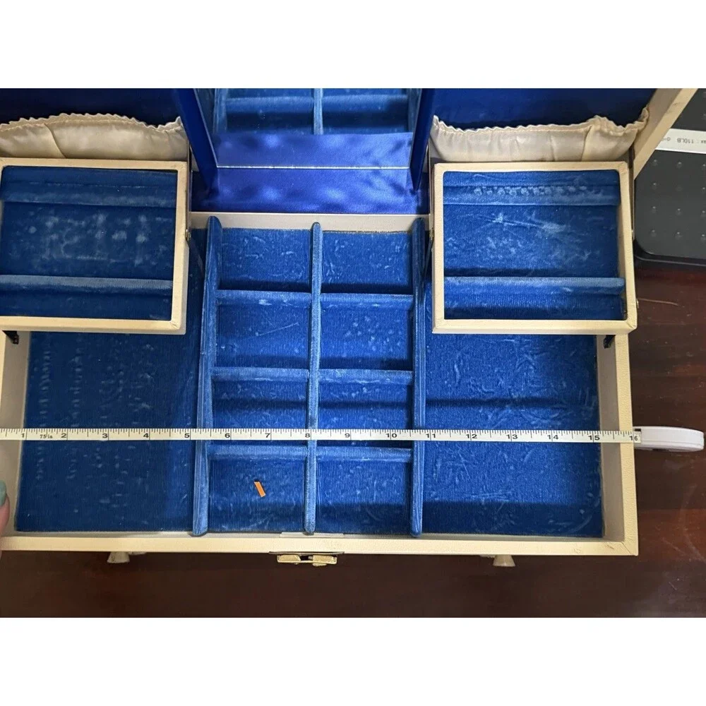 1960s Mele Ivory Leatherette Jewelry Box Velvet Blue Interior MCM 16 X 6 1/2