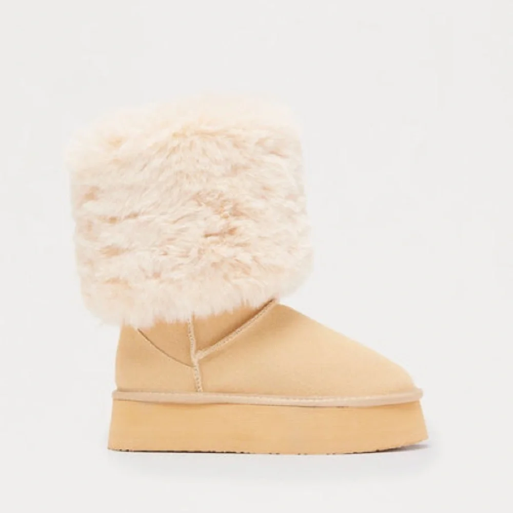New Fashion Nova Faux Fur Platform Booties - Sand Size 10