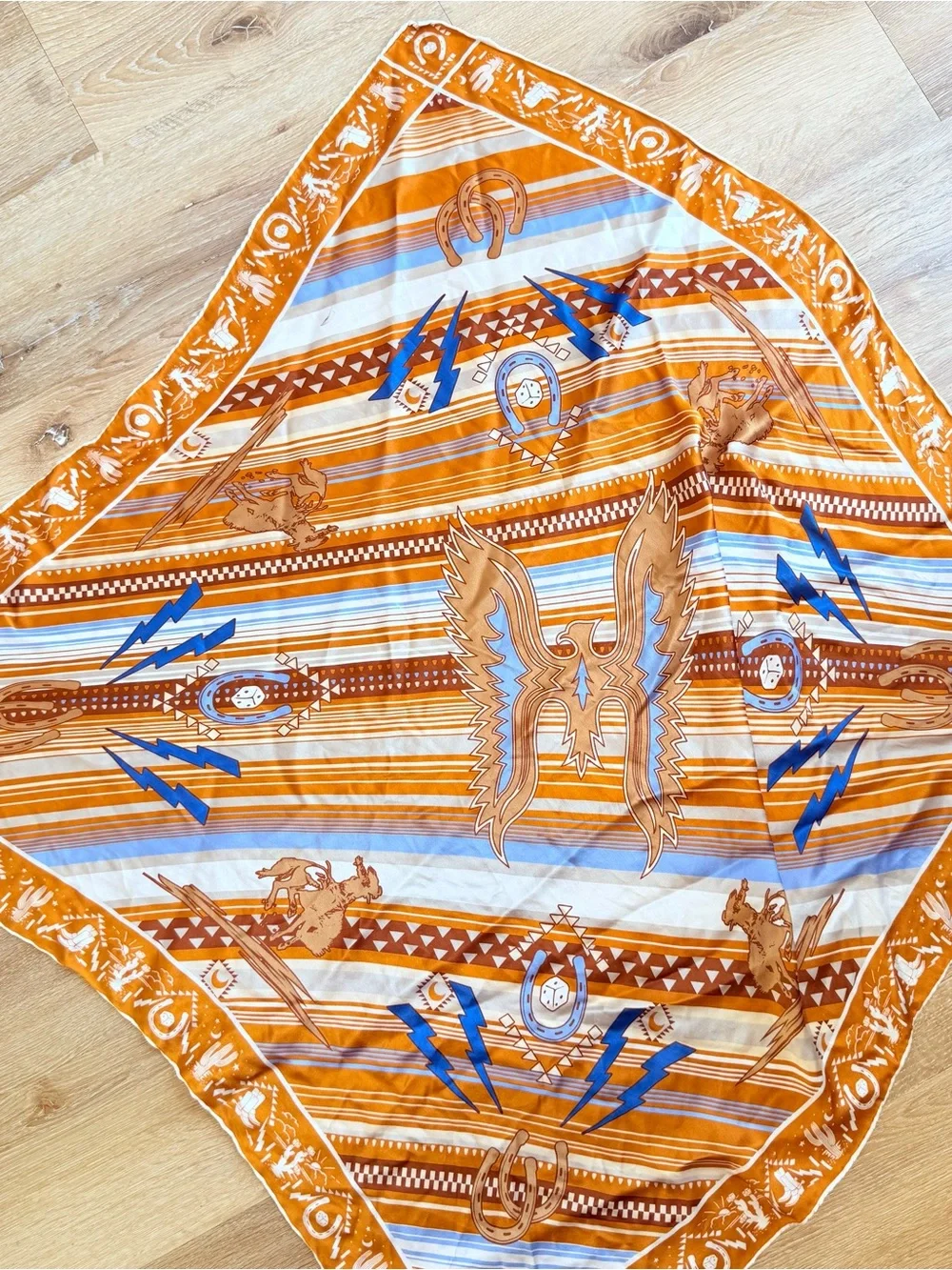 100% Silk Southwest Wild Rag Cowboy Hand Stitched Scarf Lightning Bolt Horse