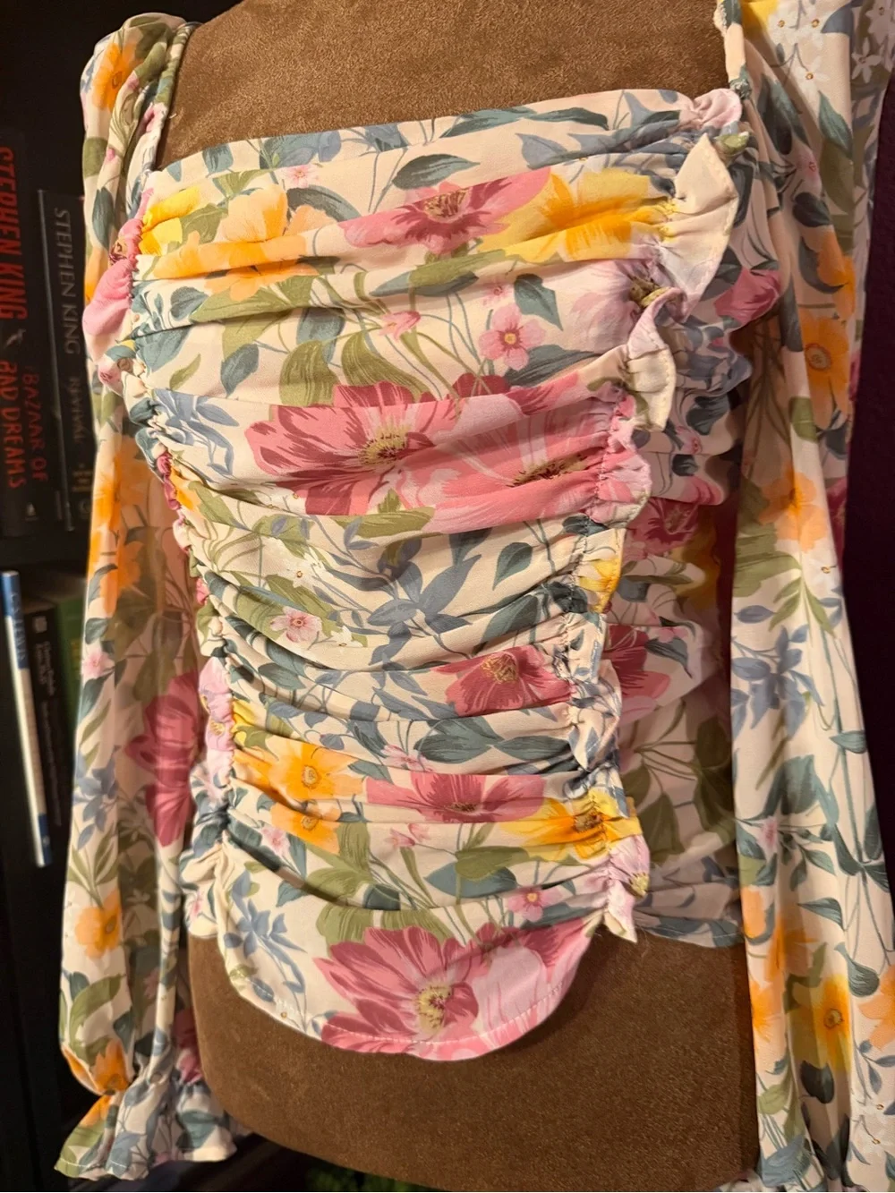 Floral Ruched Square-Neck Long Sleeve milkmaid style top