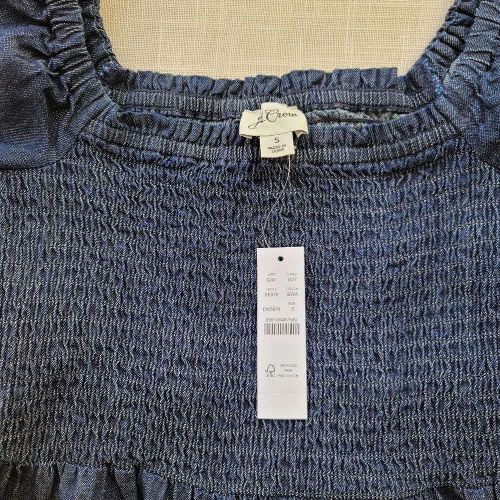 New! J. Crew sz Small S Denim Chambray Smocked Puff Long Sleeve Top NWT