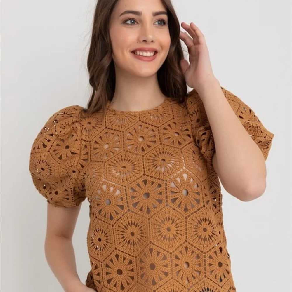 Zara Crochet Puff Sleeve Sweater Top - Rust/Tan/Spice Brown color
