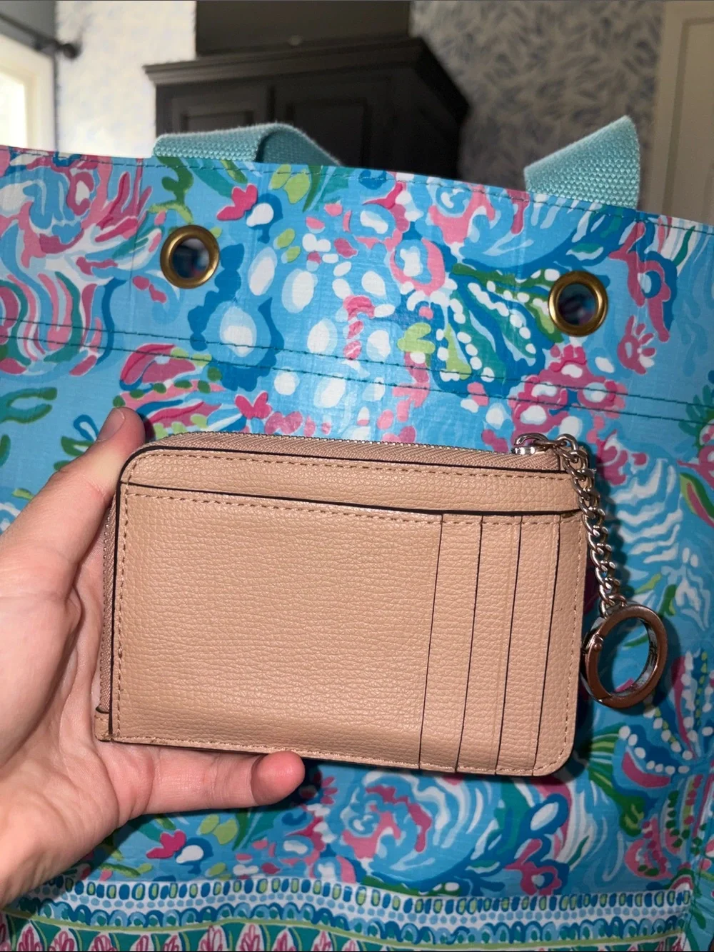 kate spade tan leather card case with gold keyring