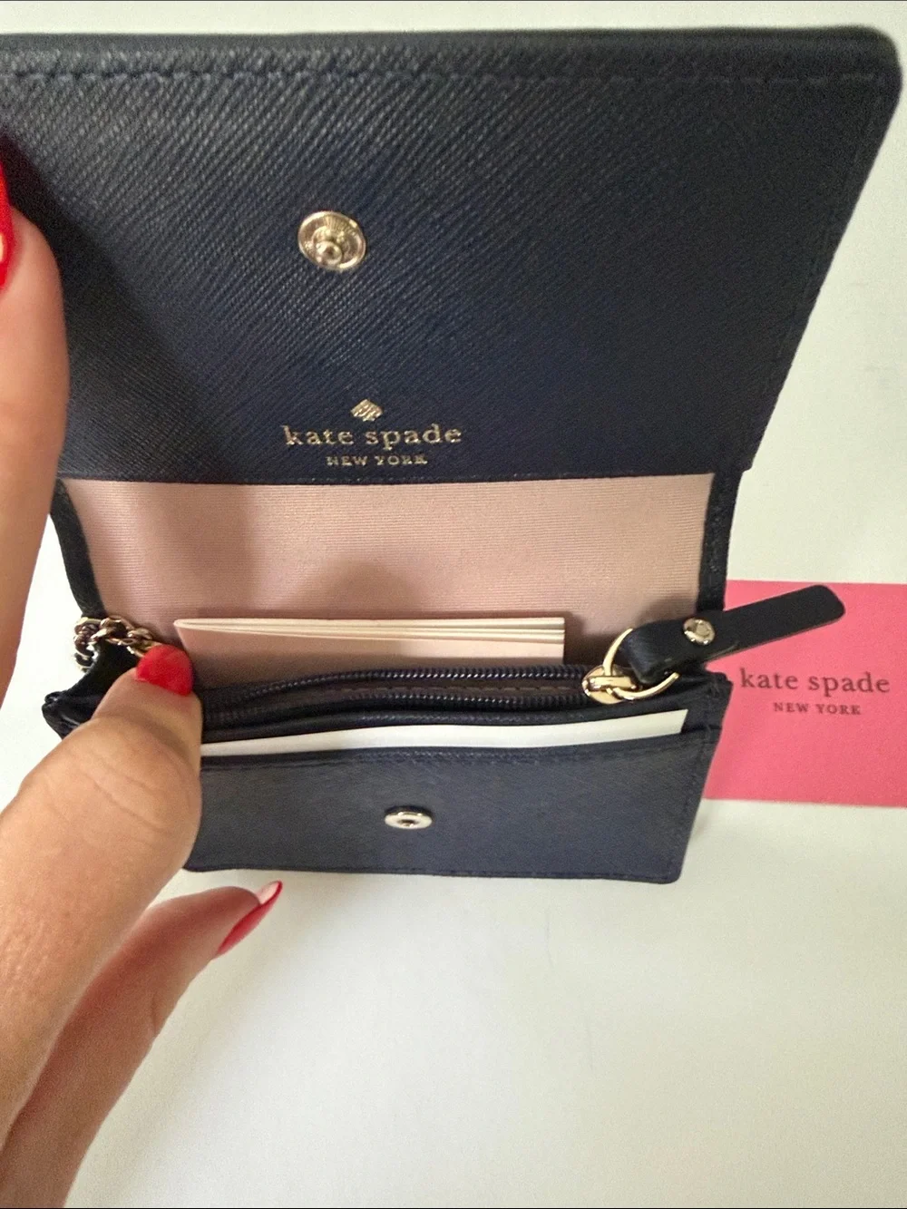 kate spade Navy Leather Mini Wallet with Gold Logo