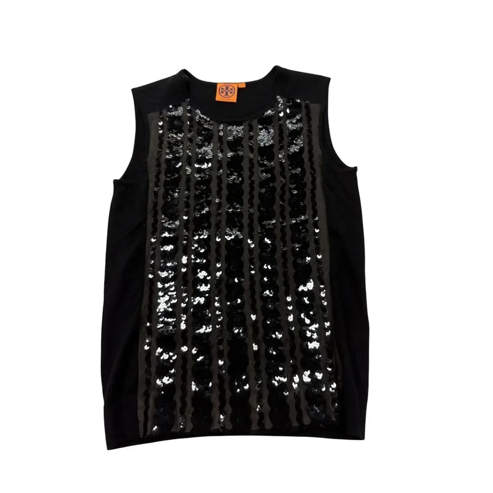 Tory Burch Black Sequin Silk Wool Sleeveless Sweater Top Women’s Medium M