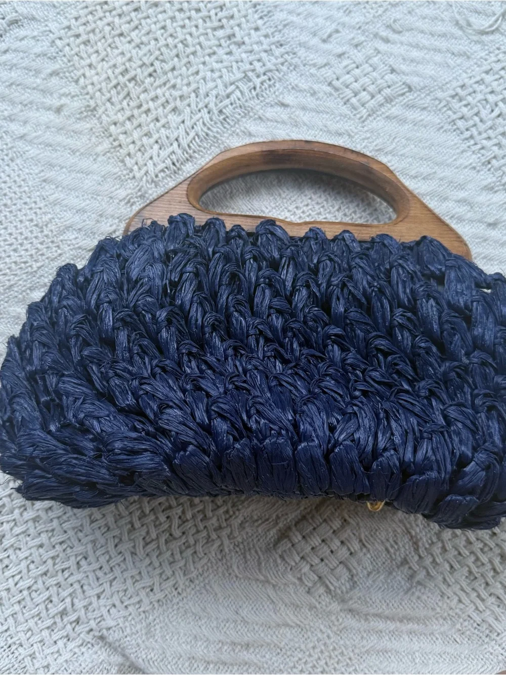 Vintage Blue Raffia Straw Purse Basket Weave Wood Handle Made in Japan Bohemian