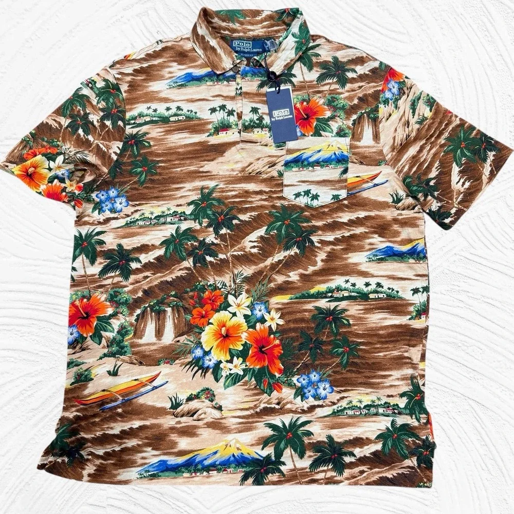 Polo Ralph‎ Lauren Hawaiian Scenic Aloha Polo Cotton Linen Classic Fit Med $168