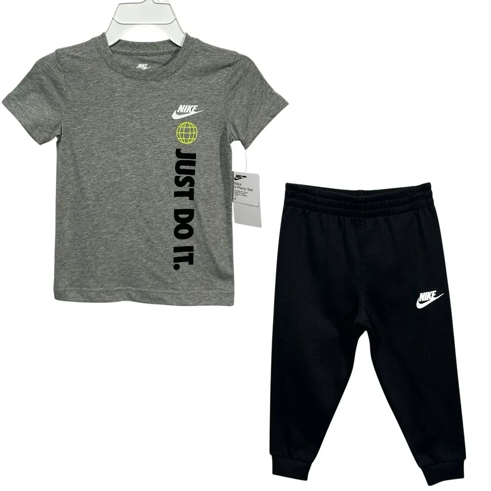 Nike Toddler Boys Fleece Jogger Pants &‎ T-shirt Outfit Set Size 4 Black-Gray