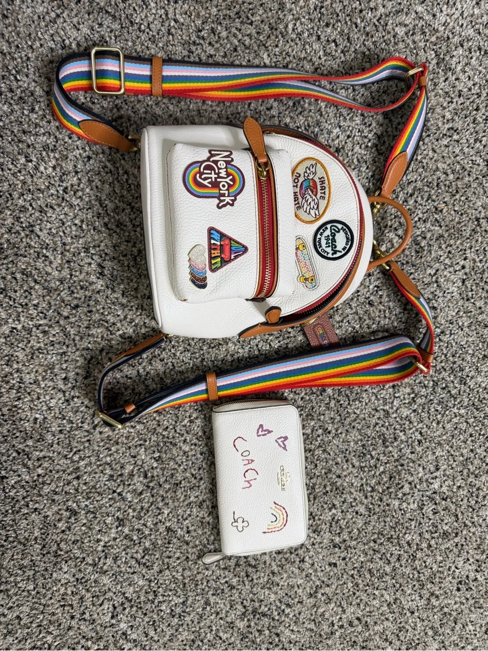 Coach White Mini Backpack with Brown Interior and Rainbow Strap