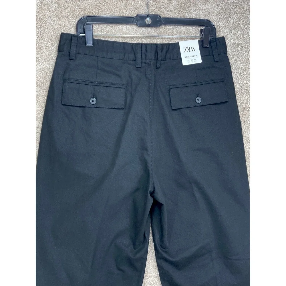 Zara Straight Fit Pleated Chino Pants Mens 32 Black Cotton Office Dark Academia
