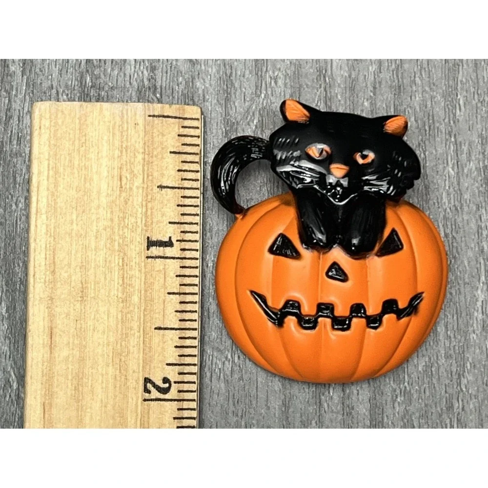 Vintage AJC Black Cat Pumpkin Halloween Brooch Pin Collectible Jack-O'-Lantern‎