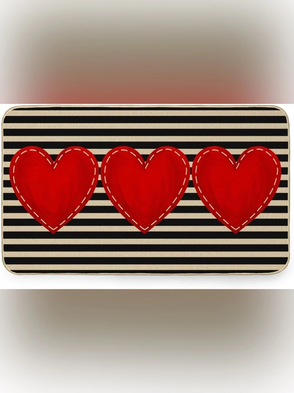Striped Black & Cream Doormat with Red Heart Trio