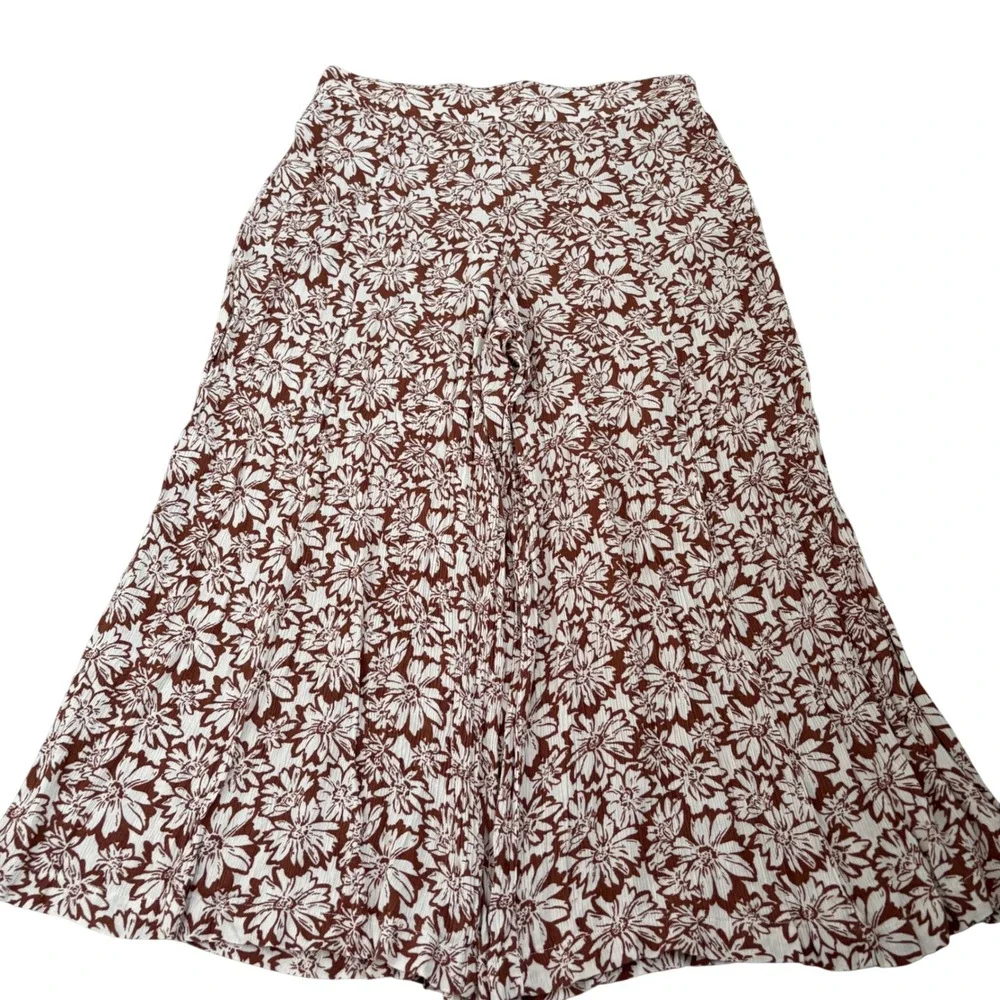 Becool Brown White Floral Wide Leg Pants‎ Womens Large High Rise Rayon Boho