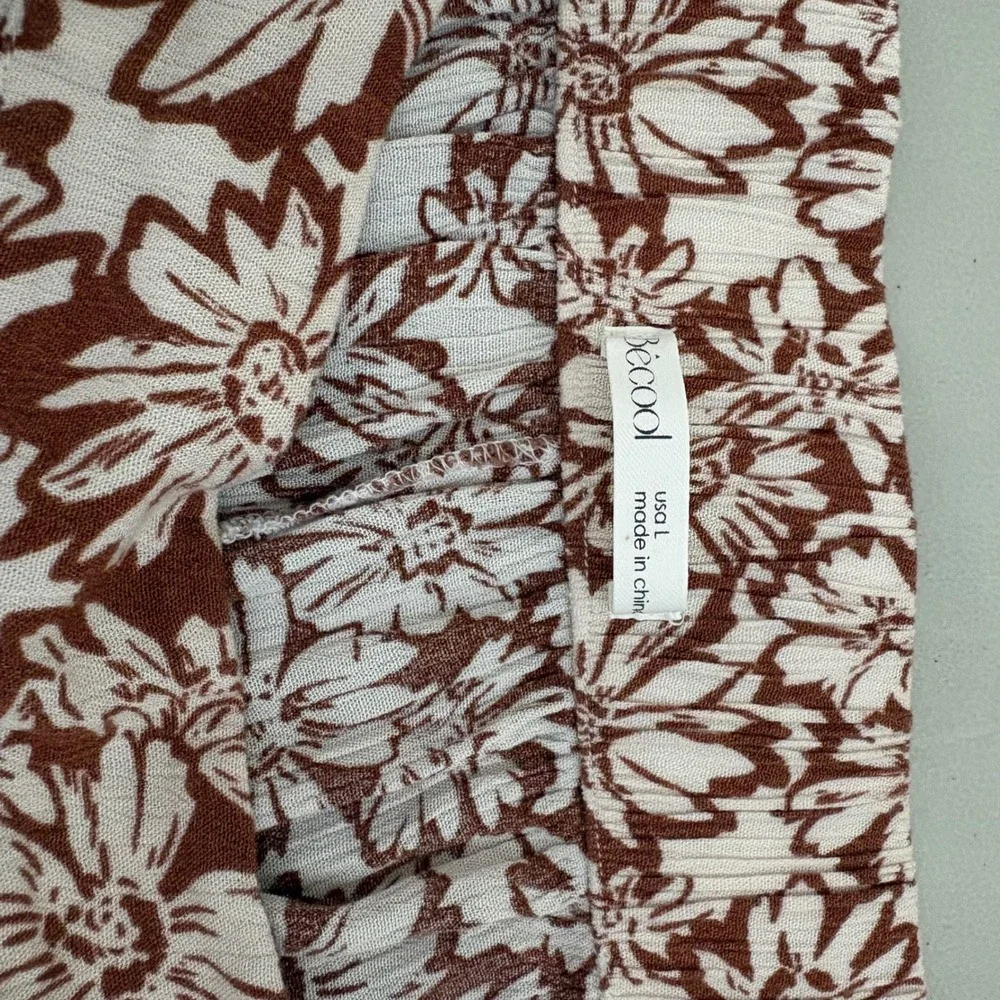 Becool Brown White Floral Wide Leg Pants‎ Womens Large High Rise Rayon Boho