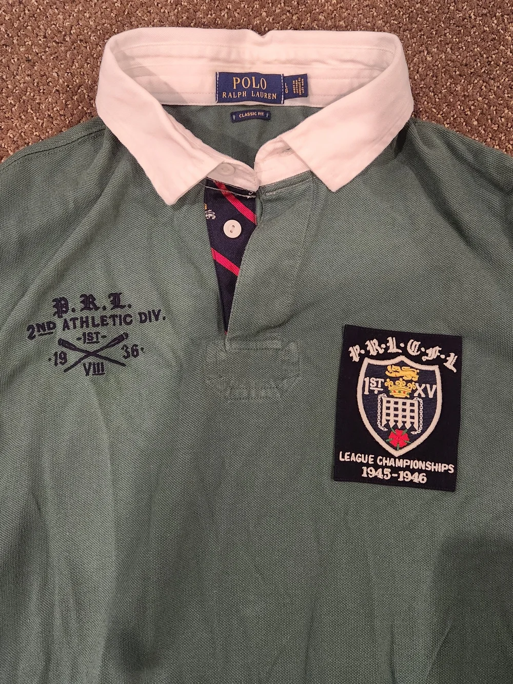 Ralph Lauren Green and White Rugby Shirt with Blue Label