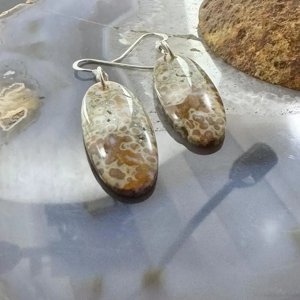 Sterling Silver Elongated Oval River Jasper Slab Dangle Earrings For Women #352