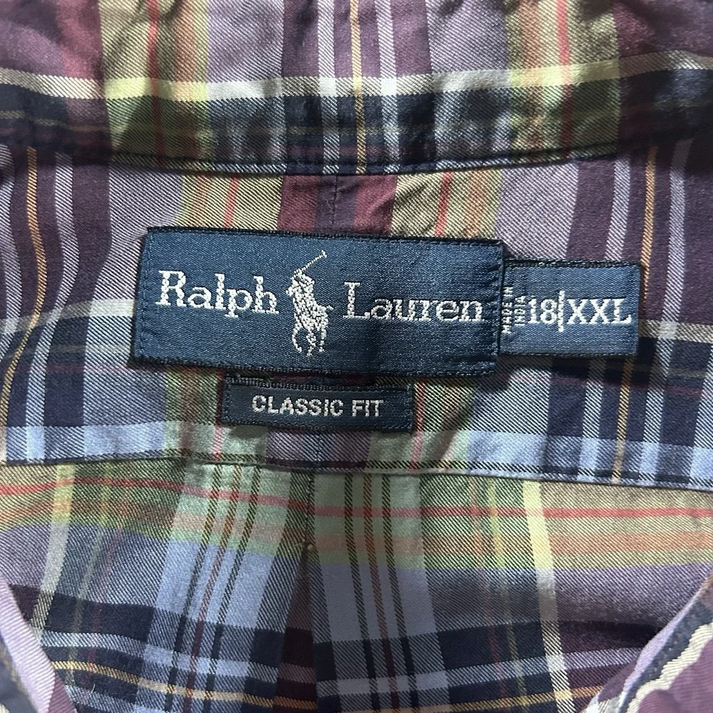 Ralph Lauren 18 XXL Classic Fit Long Sleeve Plaid Button Down Preppy Blue Pony