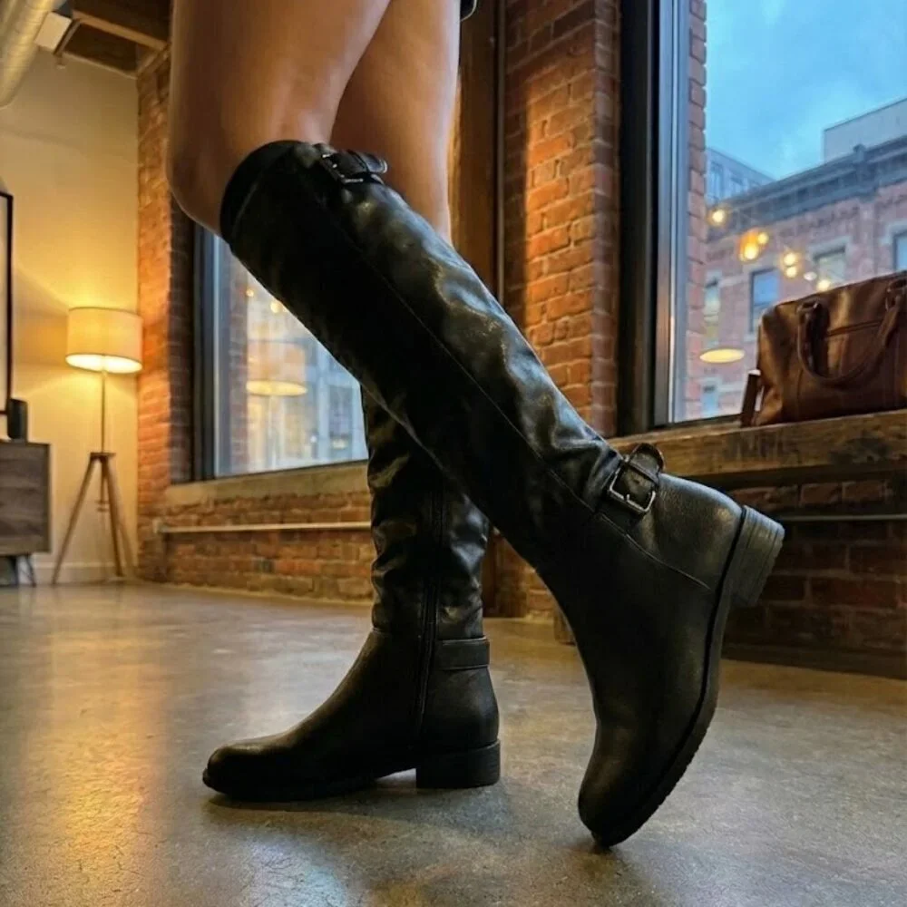 NWT Wild Diva Black Faux Leather Knee High Riding Boots Buckle Strap Zip