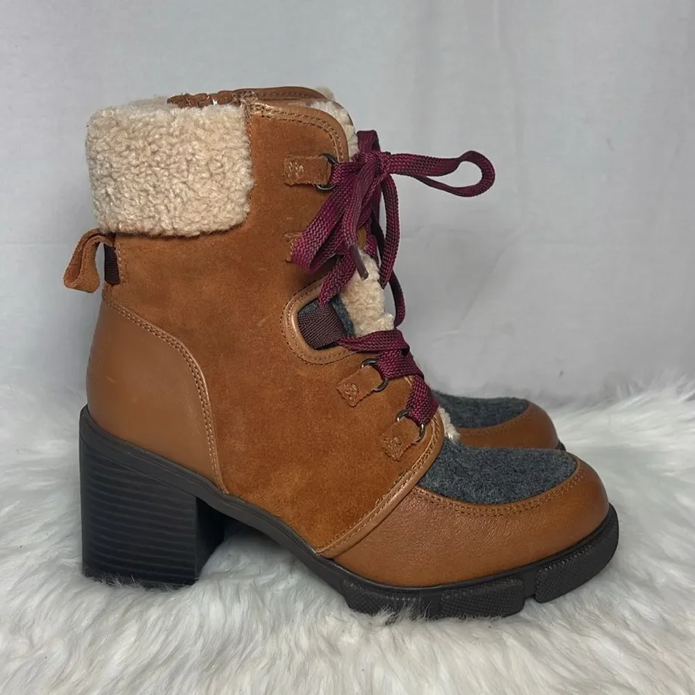 Naturalizer Myla NWOT Lug Sole Brown/Grey Leather Lined Lace Up Booties‎ Sz 6