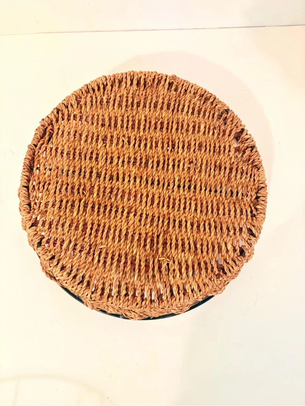 2 Woven Wicker Black Metal Frame Round Serving Display Basket Farmhouse Decor