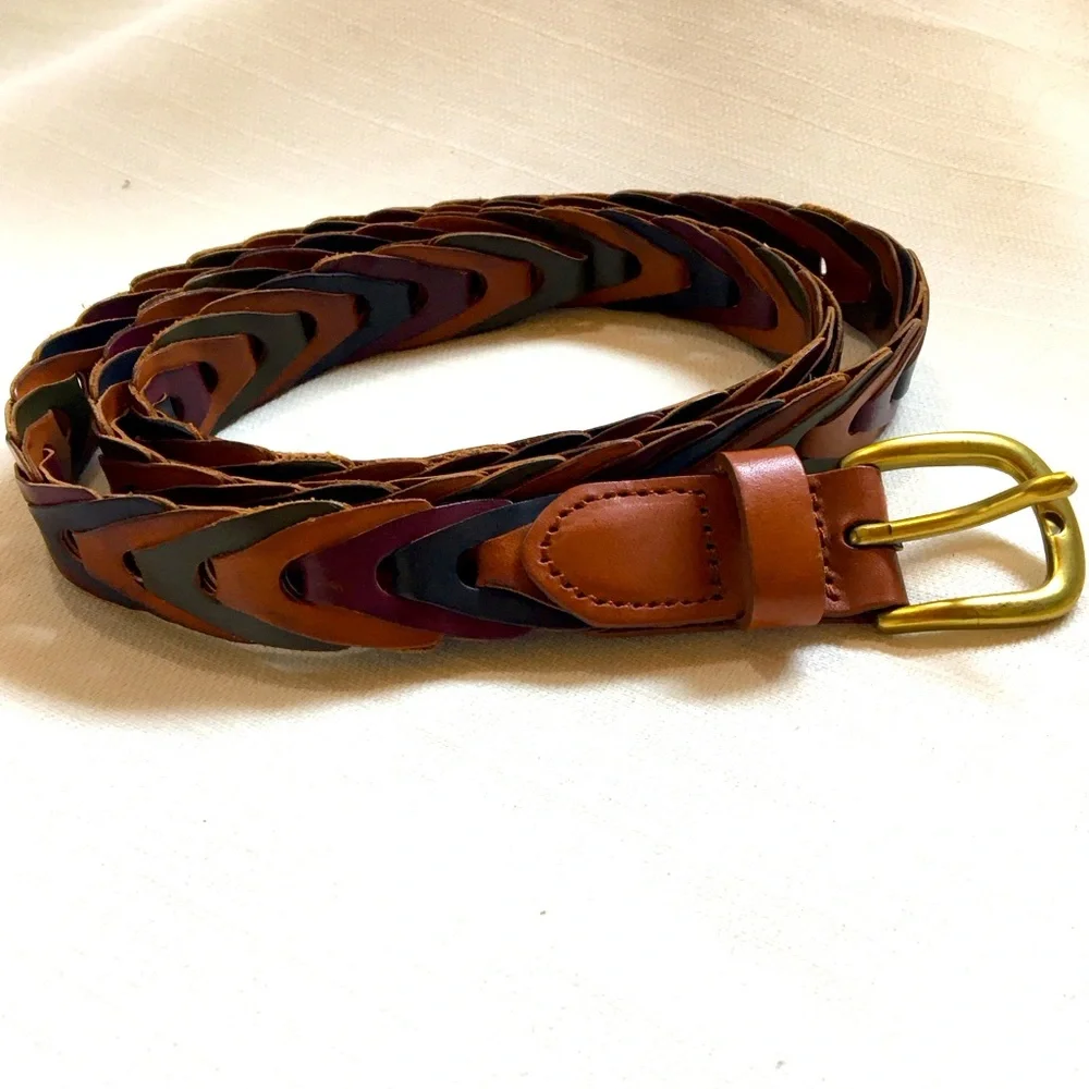 Multi Colored‎ Genuine Leather Herringbone Link Chain Braided Belt