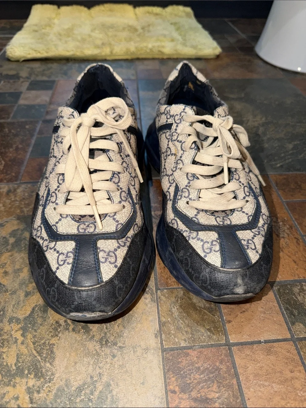 Gucci Beige Canvas GG Logo Sneakers with Navy Trim