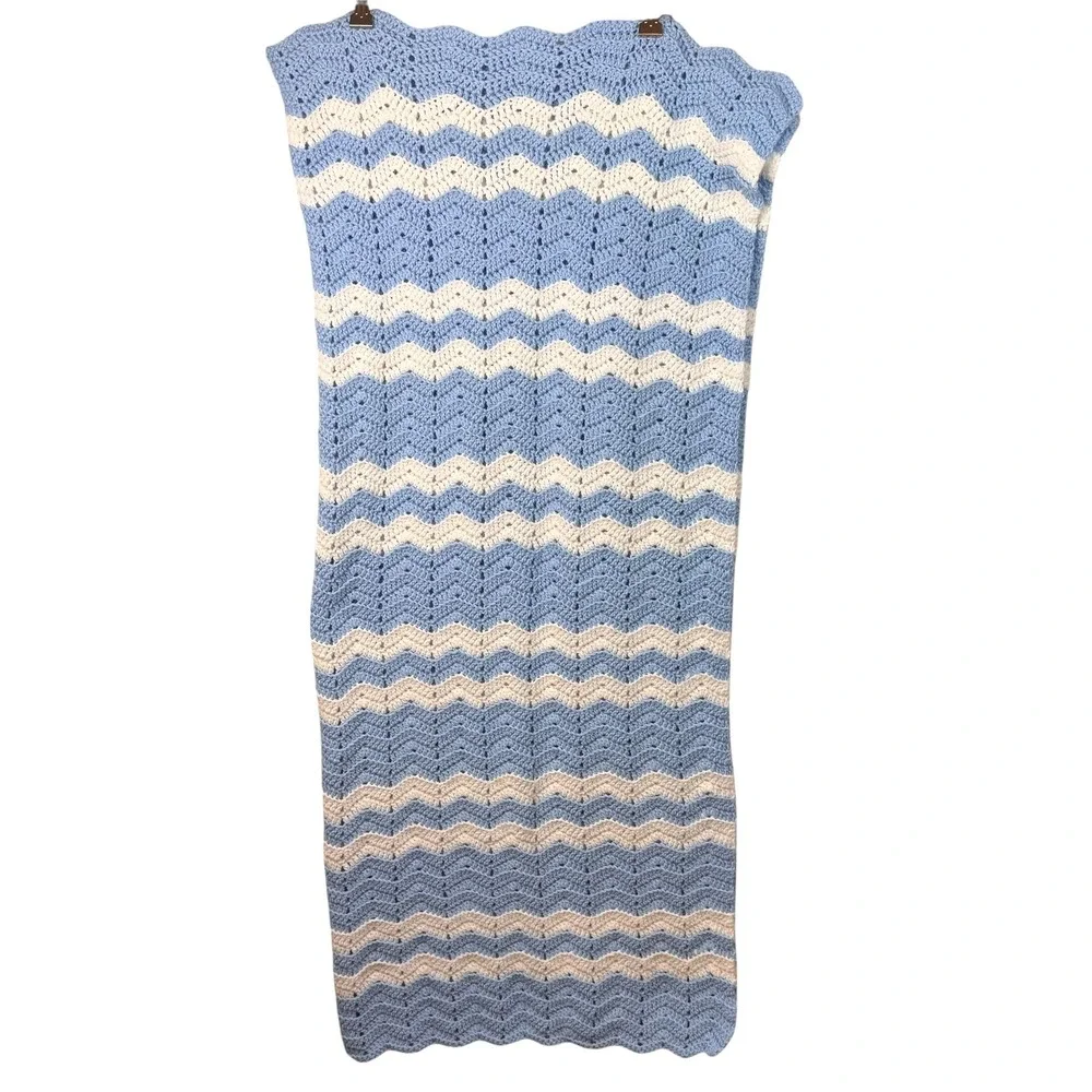 Handmade Crochet Blanket 46X20 Blue Cream Chevron Stripe Handmade Knit Baby Kids