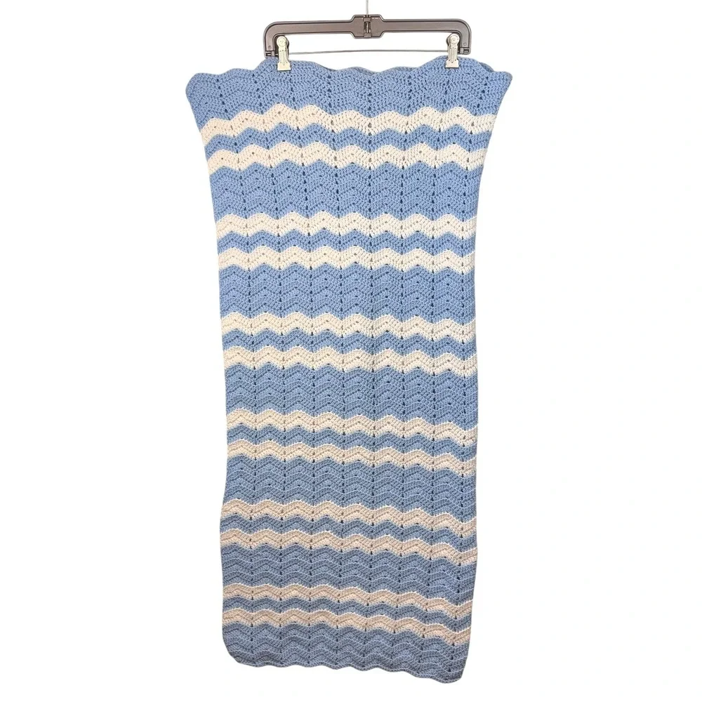 Handmade Crochet Blanket 46X20 Blue Cream Chevron Stripe Handmade Knit Baby Kids